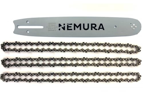 Nemura Guide de 30 cm et Lot de 3 Chaînes de tronçonneuse - 45 Maillons Entraîneurs - Pas 3/8 LP - Jauge 0.50 (1,3mm) - Pièces Détachées de qualité professionnelle pour Outillage - Marque Française