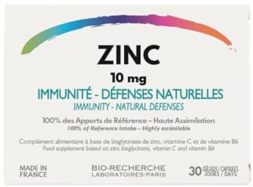 ZINC •10 mg • Livsmedelstillskott zink och vitamin B6 + C • 1 månads botemedel / 30 kapslar (1/j) • tillverkad i Frankrike