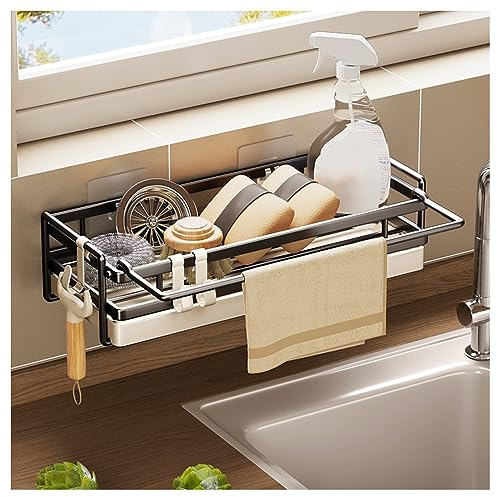 Wall Mounted Kitchen Sink Caddy, Washing up Organiser with Drip Tray Removable Kitchen Sink Organiser No-Drilling Sponge Brush Cloth Organizer with Hook