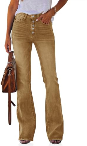 Koinshha Womens High Waisted Jeans Boyfriend Stretch Flare Casual Bootcut Denim Pants Khaki