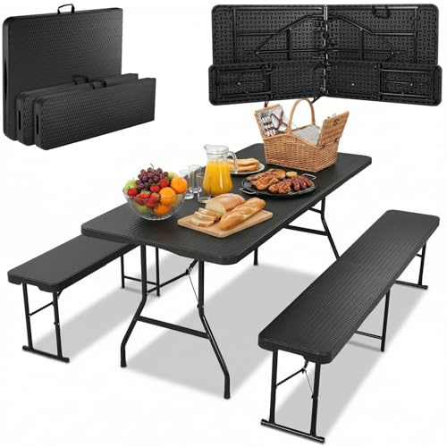Juego de muebles de jardín plegables de 3 piezas, 1 mesa de cerveza y 2 pcs bancos de cerveza plegables, 180 cm, resistente a la intemperie, juego de muebles de jardín con asa, mesa de camping para