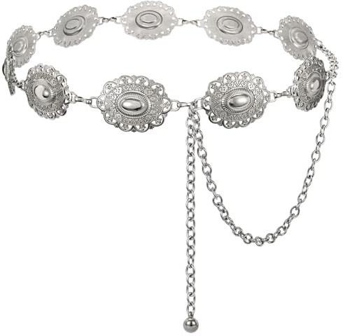 XZQTIVE Women Boho Chain Belts For Dresses Jeans Western Cowgirl Waist Links Belt Adjustable Metal Concho Belt