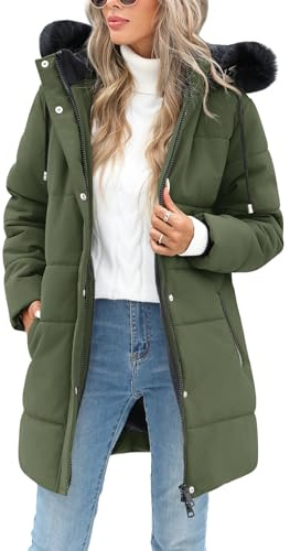 RITOSTA Piumino Donna Invernale Lungo Giacca Imbottito Giubbotto in Pile Caldo Cappotto Elegante Giubbino Parka Trapuntato Outwear Sport con Zip Tasche Cappuccio Rimovibile in Pelliccia (Verde,S)