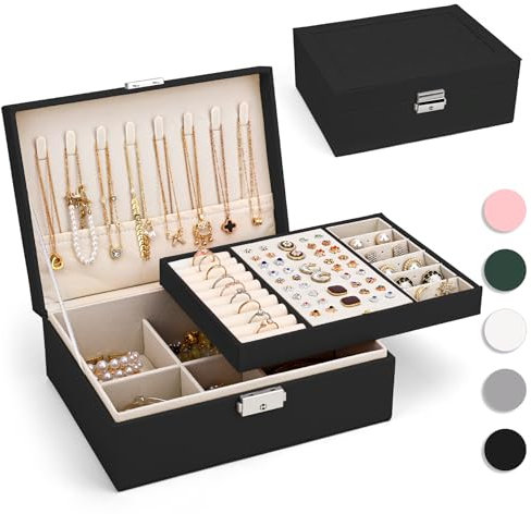 Yarmiene Boite a Bijoux, Grande Boîte à Bijoux avec 2 Étages, Organisateur de Bijoux de Voyage en Cuir PU, Portable Organisateur de Boîte à Bijoux, Coffret à Bijoux pour Ranger Bagues, Noir de Jais