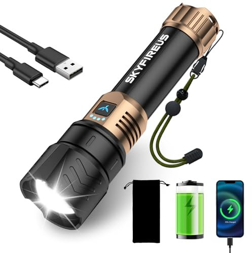 SKYFIRE LED Flashlight High Lumens,5000mAh Super Bright Rechargeable Flashlight,Zoomable,Four Modes,Powerbank Waterproof Tactical Flash Light for Camping Essentials,Outdoor & Home Emergencies-No Lens