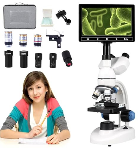 Microscope Trinoculaire 40x-1600x Avec Écran LCD 7, Objectif Ebc, Double Éclairage LED, Tête Rotative À 360°, Pour Une Utilisation En Lab À La Maison Et À L'École(Kit D'expérimentation Inclus)