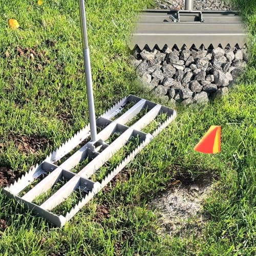 Lawn Leveling Rake, 2-IN-1 Double Side can Switch, with 20pc Marking Flags to Mark Low Spot, Stainless + Powder-Coat, FLAT Level Soil/Dirt/Compost on Lawn, SERRATED Rake Dead Grass/Ruts/Gravel on Yard