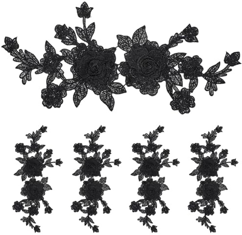 WJIAAA 4 st svarta broderade blommiga applikationer, boho blomma vintage ros sy på lappar retro polyester applikation gör-det-själv hantverk tillbehör för bröllopsklänning brud huvudbonad hatt väska
