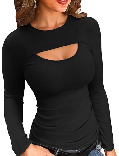VICHYIE Maglietta da donna a maniche lunghe alla moda a coste tinta unita basic aderente canottiera top, Nero , XL