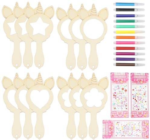 ZMDMAH Set Miroir Licorne DIY Enfant 12x Miroirs en Bois à Décorer Idéal pour Fête Licorne Activités Anniversaire Bricolage Enfant Fille