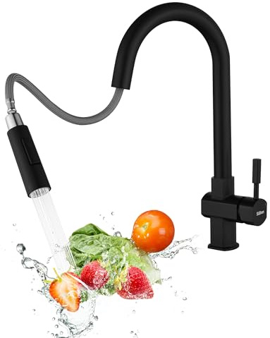 Robinet de Cuisine,Robinet de Cuisine Haute Pression Avec Douchette Extractible,Pivotant à 360°,Mitigeur D'éVier à Double Bec,Mitigeur de Cuisine En Acier Inoxydable Noir