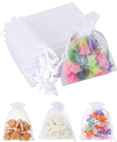 HUVZOR Sacchetto di organza per matrimonio, sacchetto di organza bianco 10 * 15 cm, 50 sacchetti protettivi da giardino con coulisse, sacchetti per gioielli e caramelle