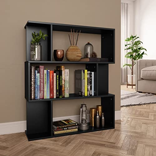 QZZCED Estantería Divisor de Ambientes en Madera Aglomerado Negro 80x24x96 cm con 3 Compartimentos Grandes y 6 Pequeños para Organizar Libros Revistas DVD y Objetos Decorativos