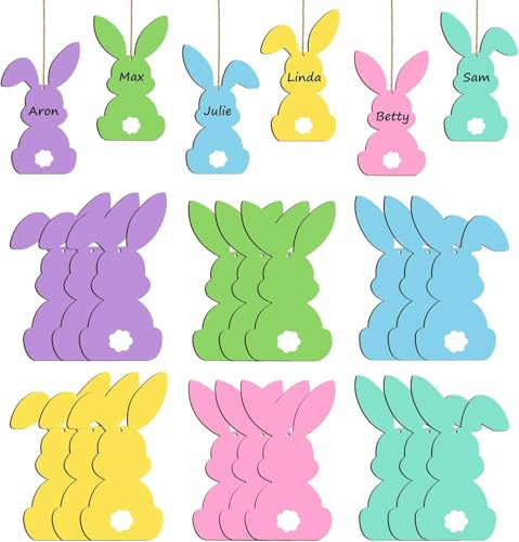 24 Pezzi Coniglietto Decorazioni Pasquali Legno Coniglietti Addobbi Pasquali da Appendere Etichette Pasqua Legno per Cestini Pasquali, Regalo