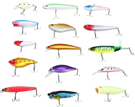 POENVFPO Kit de Señuelos de Pesca, Juego de Cebo Duro y Blando de 15 Piezas con Caja de Regalo para Pesca en Agua Dulce y Salada