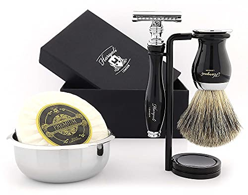 Haryali London rakkit – 5 st rakkit – dubbelkantad säkerhetsrakhyvel – svart grävling rakborste – raktvål – rakskål – rakställ – svart färg rakset som present