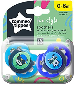 Tommee Tippee Fun Style Dummies, Symmetrical Orthodontic Design, BPA-Free Silicone, 0-6m, Pack of 2 Dummies, Colours May Vary