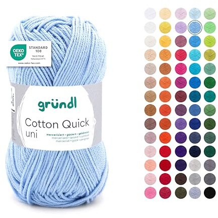 Gründl Laine Cotton Quick uni - laine fine pour crocheter - fil à tricoter – fil à crocheter – brillant et doux pour la peau – 100% coton – 1 pelote 50 g / 125 m – taille d’aiguille 3-4 - bleu ciel