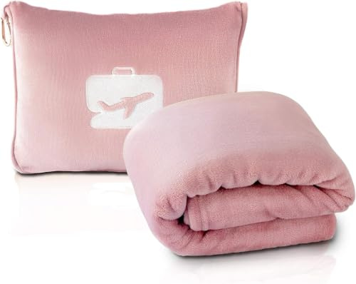 EverSnug Coperta da viaggio e cuscino, coperta 2 in 1 con aeroplano, morbida, con federa morbida, cintura per bagaglio a mano e clip per zaino (rosa chiaro)