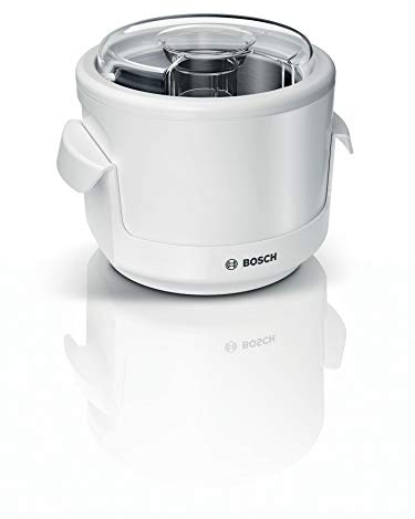 Bosch Eisbereiter MUZS2EB, 550ml, selbstgemachtes Eis, Sorbet und Frozen Yoghurt, weiß, Spritzschutzdeckel mit Einfüllöffnung, passend für Bosch MUM Serie 2 Küchenmaschinen