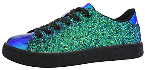 LUCKY STEP Womens Glitter Sneakers Lace up Fashion Sneakers Sparkly Casual Shoes for Women (Green Hologram, 8.5US-39EU-6UK)