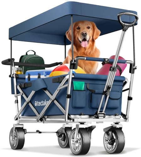 tectake® Carretto Richiudibile, Carico Max 80 kg, Carriola da Trasporto, Carrello a Mano, Tettuccio Removibile, Borsa per il Trasporto, Acciaio, Giardino, Esterno, Campeggio, Portatutto - Blu