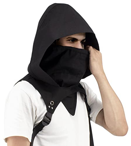 Balaklava med huva med axelremmar och mask, cosplay balaklava för lönnmördardräkt, huva LARP & gotisk maskeradklänning