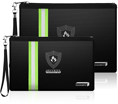 Feuerfeste Dokumententasche (33.8x23.9 cm) mit reflektierendem Streifen, NAIBAOSD feuerfeste Geldtasche (27.4x17.3 cm) mit Metallreißverschluss und Gurt, Reisepass, Wertsachen