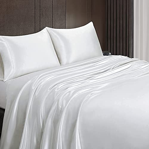 Gorgeous Home LINEN Mulberry Silk 6A Graded (25 Momme) Solid Sheet Set | Queen(60 X 80) White |Comfy&Cozy Set Upto 18(inch) Deep Pockets with Elastic Bounded 4 Piece Set | Oeko-Tex Standard