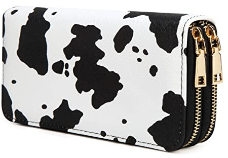 Nabegum Cow Print Wallet for Women Money Organizers Western Purse Cow Stuff Gifts Double Zipper Ladies Large Capacity Card Cases