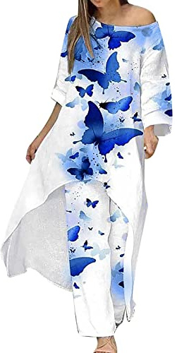 QWUVEDS Abito casual grande irregolare a maniche lunghe con gamba larga, pantaloni in due pezzi, vestito da due pezzi, gonna pantaloni da donna estivi a 3/4, Blu, XXL