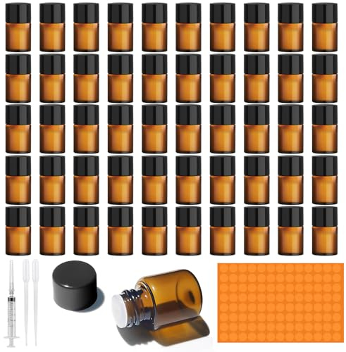 Amentalove 50 stycken 2 ml bruna tomma glasflaskor, flaskor för eteriska oljor, miniglasflaska med pipettspruta dekal, miniflaska för eterisk olja, spa, massage, aromaterapi
