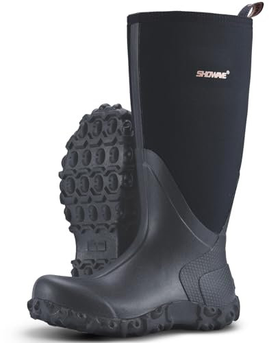 Showave Regenstiefel für Herren, wasserdicht, isoliert, Neopren, robuste Schlammstiefel für Landwirtschaft, Regen, Angeln, Gartenarbeit, Hofarbeit, Schwarz, 43 EU