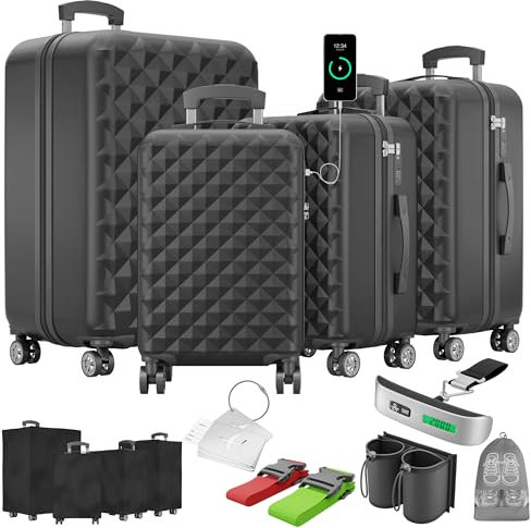 Onbest Premium Kofferset 4-TLG. – Hartschalenkoffer mit TSA-Lock, USB-Anschluss – 1x Kofferwaage, 2X Koffergurt, 4X Adresshänger, 1x Getränkehalter, 1x Schuhbeutel, 4X Staubschutzhüllen