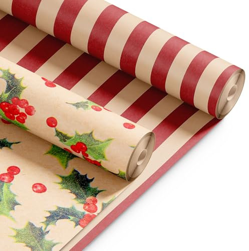 Kraft & Co Christmas Wrapping Paper Rolls – 2 Pack Thick Paper Sheets 44.5cm x 25m – Kraft Xmas Gift Wrap – Festive Eco Friendly Wrapping Papers for Christmas Gifts–Arts and Crafts–50m Total