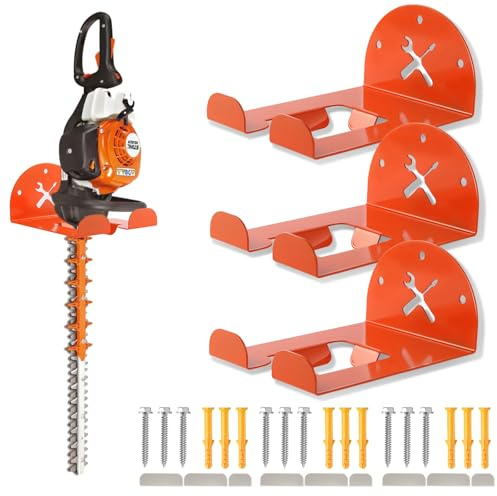 Upgraded Trimmer Rack Wall Mount - 8 Heavy Duty Weed Eater Hanger for Garage Wall, Garden Power Tool Holder Organizer Hooks for Grass Trimmer, Hedge Trimmer, Leaf Blower and Chainsaw, Orange, 3 Pack