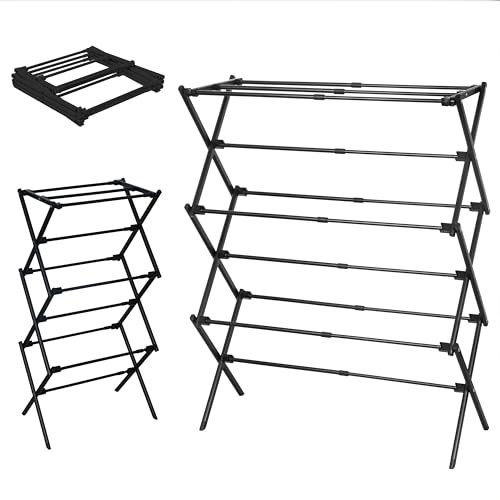 LOFTEY 3 Tier Clothes Airer, Extendable Cloth Laundry Drying Rack, Folding Clothes Horse Indoor & Outdoor, Space-Saving Maiden, Expands 43 to 74 cm Wide, Black