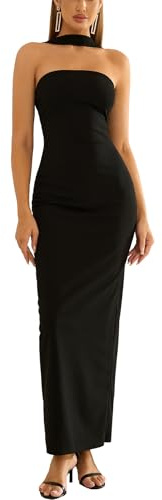 HTZMO Women Elegant Summer Bodycon Maxi Dress Halter Neck Formal Wedding Guest Cocktail Party Long Dresses Black M