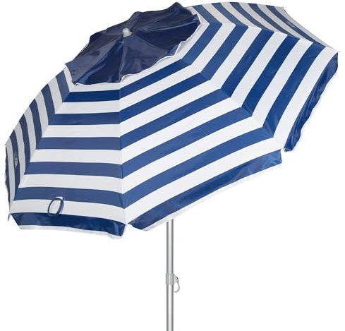 AKTIVE 62405 Parasol de plage anti-vent 240 cm, 8 baleines en fibre, protection UV50, inclinable, ventilation max + air, mât en métal 28/32 mm, tissu Oxford 90 g, housse incluse, Marinière