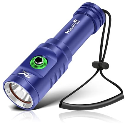 WINDFIRE Linterna de Buceo Lámpara Subacuática Recargable Superbrillante con 3 Modos e Indicador de Encendido, Linterna Sumergible, Linterna Subacuática para Buceo y Esnórquel (Azul)