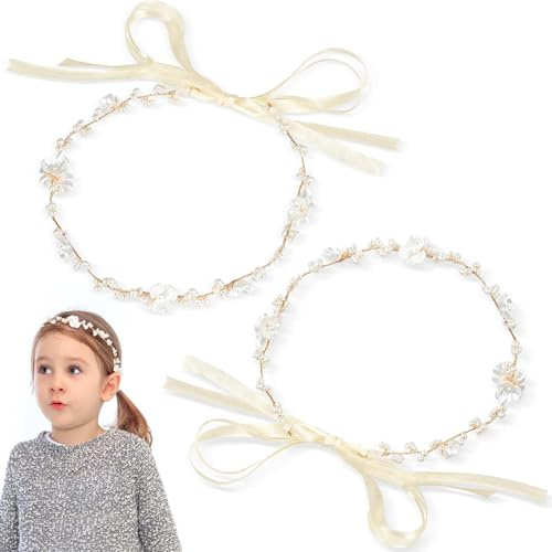 FLEXNOVA 2 piezas de accesorios para el pelo para comunión niña, corona de flores, tocado para la comunión, niña de flores, accesorio para el pelo para novia, tocado de perlas blancas con diadema para