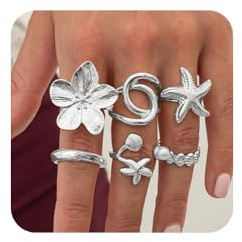 XFSRG 6 Piezas Set De Anillos Gruesos Dorados Para Mujer En Baño De Oro 14k Como Anillos De Cúpula Gruesos Modernos Para Usar Apilados O Individualmente Patrón de Concha (Plata)