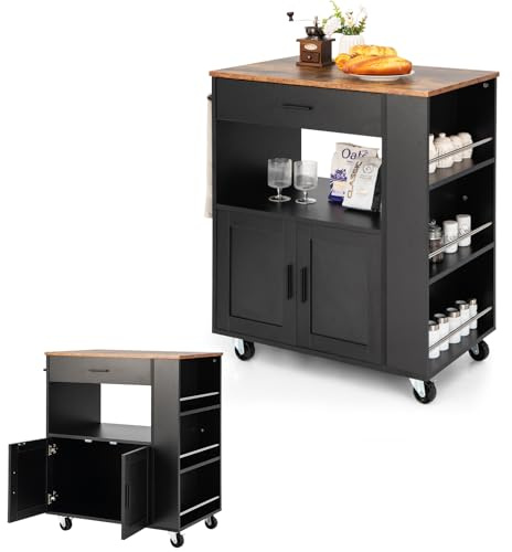KOMFOTTEU Carrito de Cocina con Ruedas y 3 Estantes Laterales (Negro) | Carro de Servicio con Armario de Puertas y Cajón, Isla de Almacenamiento con Toallero, Buffet de Comedor, 82 x 50 x 92 cm