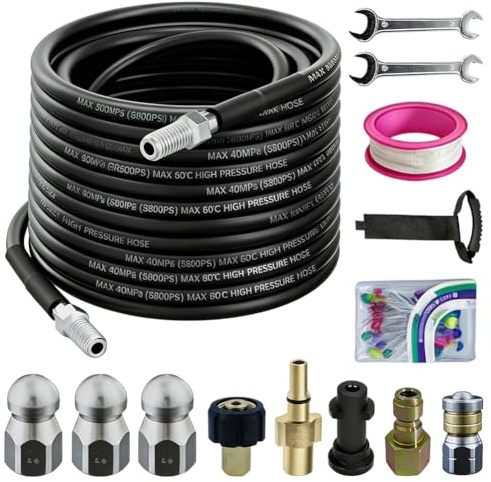 Juego de manguera para limpieza de tuberías, 400 bar, diámetro de 10 mm, manguera de alta presión con adaptadores y boquillas, compatible con limpiadores de alta presión (por ejemplo, Kärcher K2-K7