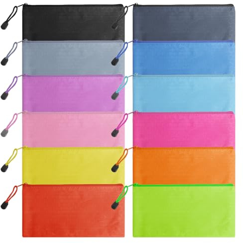 LOLANIUT Lot de 12 Pochettes Documents A6 en Tissu Oxford avec Fermeture Éclair, Pochette de Rangement Imperméable Multicolore pour Reçus Passeport Cartes Voyage École Bureau avec Bloc de Notes