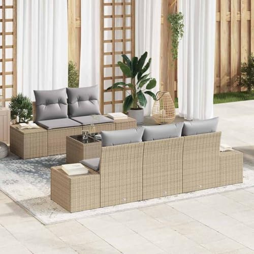 Frdhee Lot de 6 canapés de jardin avec coussins, beige et gris, 55 x 55 x 37 cm, groupe de bancs d'angle pour balcon, terrasse, cour arrière