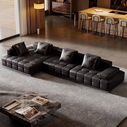 Italiensk lyx och enkelhet, L-formad svart lädersoffa, rymlig och mjuk soffa med massiv träram, modern stor storlek, lämplig för vardagsrum/kontor/lägenhet.
