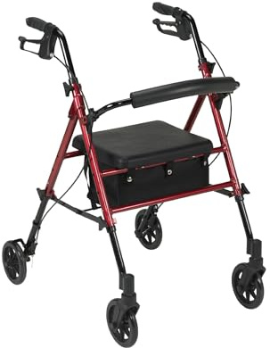 Drive Medical RTL10261RD Foldable Rollator Walker with Seat - Adjustable Handles and Seat, Red