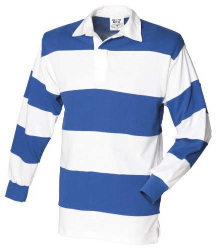 Front Row Sewn Stripe Long Sleeve Sports Rugby Polo Shirt (L) (White & Royal (White collar))