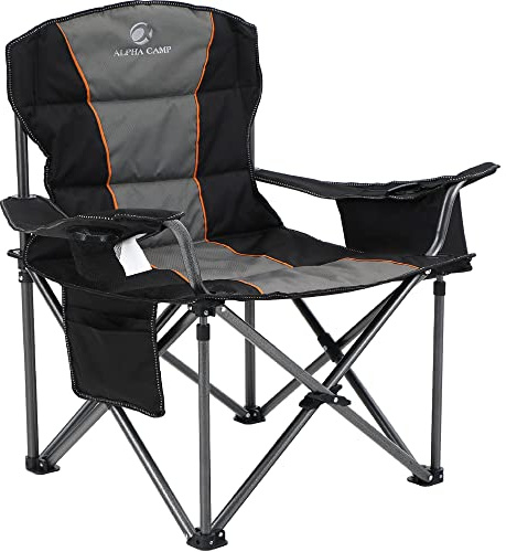 ALPHA CAMP Heavy Duty Camping Chair 500LBS Capacity, Oversized Folding Chair for Heavy People, Padded Portable Outdoor Chair with Cooler Bag & Cup Holder for Camping, Fishing, Beach,Black,1PC